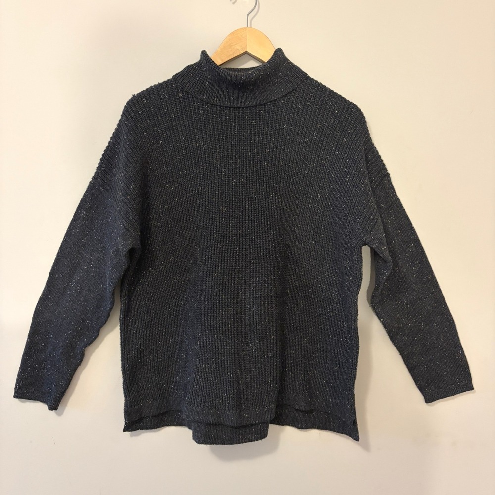 J. Jill Mock Neck Marl Knit Sweater Charcoal Gray L Drop Shoulder Split Hem